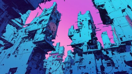 Fototapeta premium Futuristic Ruined Cityscape Under a Pink Sky