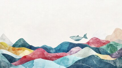 Abstract Watercolor Ocean Waves with Fish