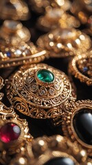 Obraz premium Intricate Vintage Jewelry with Green Gemstone and Golden Details
