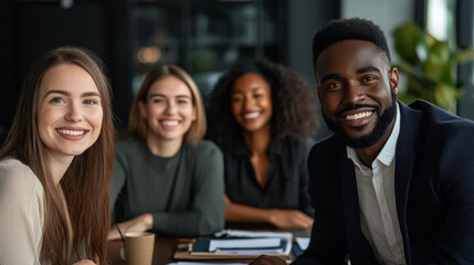 Fototapeta premium Smiling diverse group in team meeting, showcasing collaboration and positivity