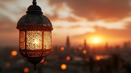 Decorative Lantern with Orange Glow Over Outdoor Ramadan Celebration