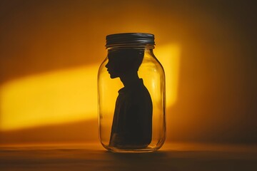 Silhouette of a Person Trapped in a Glass Jar Symbolizing Isolation and Emotional Struggles