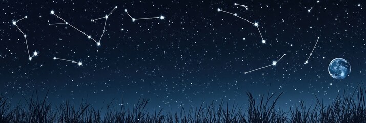 Captivating starry night reveals constellations and luminous full moon shining over tranquil landscape. Generative AI