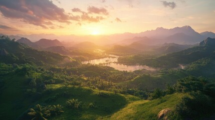 Naklejka premium Majestic landscapes featuring scenic hills, softly lit by dawn, symbolizing peace and hope