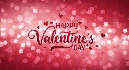 Happy Valentine's Day Greeting: A vibrant red bokeh background adorned with scattered hearts and the heartfelt message "Happy Valentine's Day," creates a romantic and festive atmosphere.