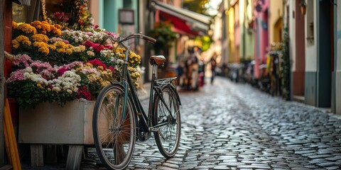 A charming street scene featuring a vintage bicycle parked beside colorful flower displays. The picturesque cobblestone path invites leisurely strolls. Perfect for travel and lifestyle themes. AI