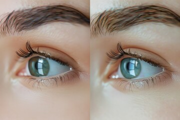 Naklejka premium Female eyes closeup before and after eyebrows correction and dying.