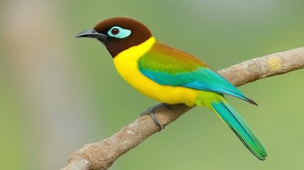 Obraz premium Vivid Green And Yellow Bird Perched On A Branch