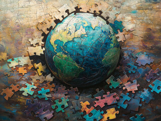 Puzzle der Erde, umgeben von bunten Puzzlestücken auf natürlichem Untergrund

