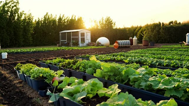Vibrant vegetable garden with rows of plants and lush greenery at sunset. Agriculture and farming concept