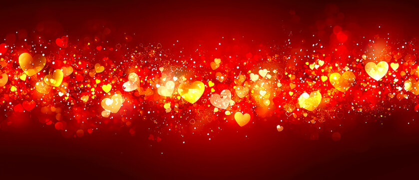 Red, shimmer background with glowing bokeh lights and sparkling hearts. Valentine's Day, love,celebration themes. Mockup for design, social media, veb cover. Generative ai	