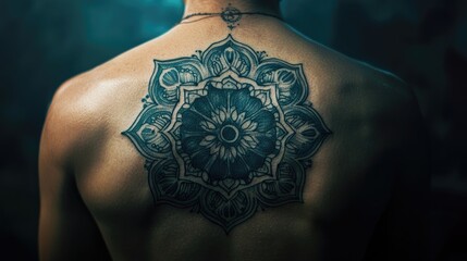 An elegant mandala tattoo centered on the upper back