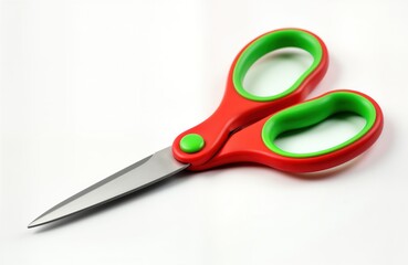 Bright colorful kids scissors with red handles, lime green accents. Childrens craft tools with safety in mind. Useful school supply. Handy tool for art projects. Ideal for young students. Durable