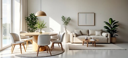 Bright modern white apartment dining room with wooden furniture. Stylish round table surrounded by comfortable chairs. Beige sofa, coffee table create cozy living area. Large windows offer natural