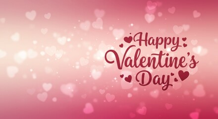 Happy Valentine's Day: A romantic greeting card design features elegant calligraphy of "Happy Valentine's Day" on a soft pink bokeh background sprinkled with delicate hearts.