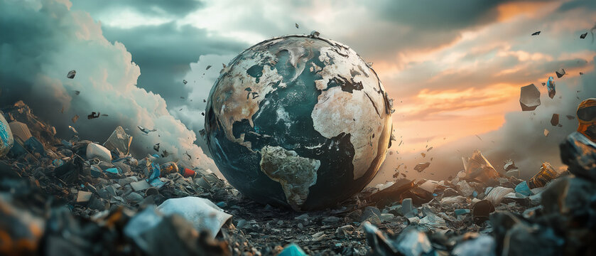 Erde auf M&uuml;llhaufen, Symbol f&uuml;r Umweltverschmutzung und globale Sorgen

