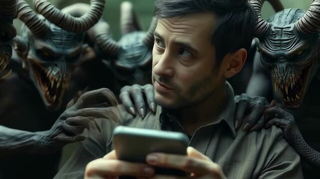 A group of evil demonic creatures are positioned around an innocent man who is holding a phone and looking at its screen
