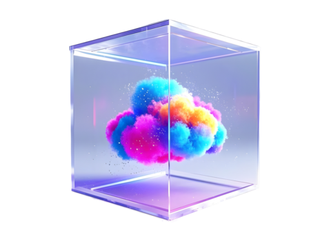 Colorful cloud in glass cube,
