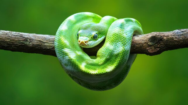 Green Tree Python Coiled Around Branch In Nature