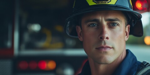 A focused firefighter stands in front of a fire truck. His expression reflects dedication and bravery. This image captures the essence of firefighting. Perfect for emergency services themes. AI