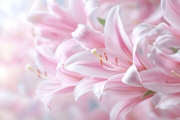 Obraz premium A stunning display of pink lilies with delicate petals and a soft focus effect captures the essence of spring. The flowers are in full bloom, radiating tranquility