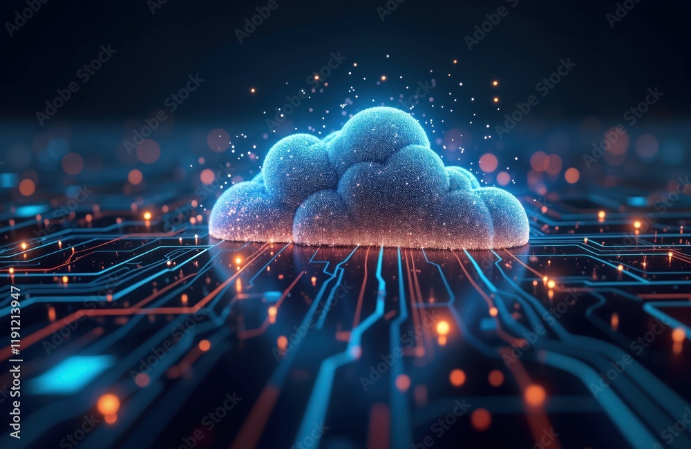Poster abstract digital cloud computing concept. futuristic tech. data transfer. cloud storage. tech networ