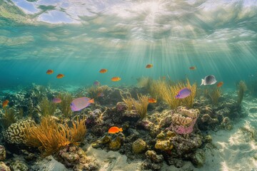 Colorful coral reef teeming with fish underwater scenery