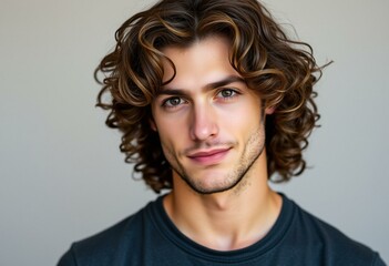 Fototapeta premium Portrait of a man with long hair, looking directly at the camera