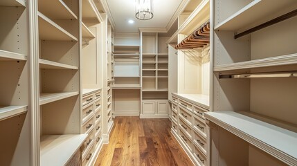 Spacious and Elegant Walk-In Closet with Wooden Flooring and Storage