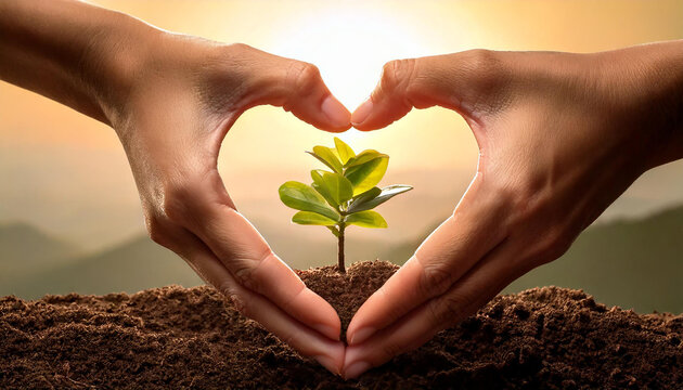 Nurturing nature hands forming heart around growing plant outdoor environment emotional connection beautiful sunset symbol of love and care