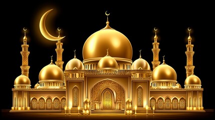 Shimmering Golden Mosque Design with Crescent Moon and Minarets
