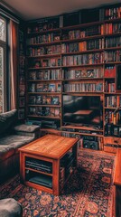 Fototapeta premium Cozy Living Room with Bookshelf and Entertainment Center