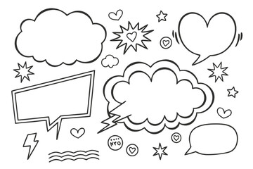 Hand-drawn speech bubbles, thought clouds, dialogue boxes, black and white sketches, doodle style, various shapes and sizes, comic book elements, minimalist design, white background, communication sym