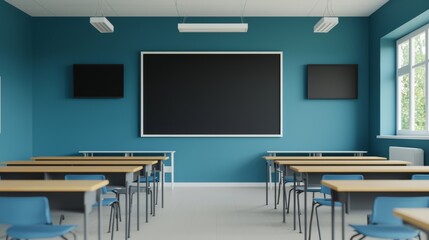 Modern Classroom Interior with Chalkboard and Blue Walls