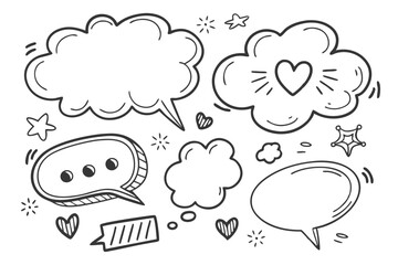 Hand-drawn speech bubbles, thought clouds, dialogue boxes, black and white sketches, doodle style, various shapes and sizes, comic book elements, minimalist design, white background, communication sym