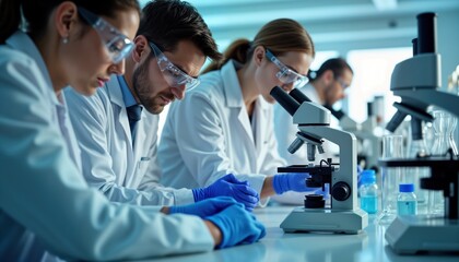 Medical researchers in white lab coats work together in modern lab. Scientists focus intensely on microscopes, lab equipment. Seem to involved in drug experiment. Team works together on new drug