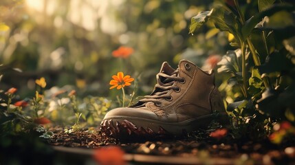 A creative shot of a shoe next to a garden, with a noticeable bite mark, symbolizing nature's impact