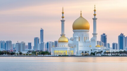 Obraz premium Serene Mosque with Golden Domes and Pastel Sky at Dusk