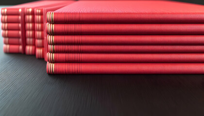 A Stacked Collection of Elegant Red Books Displayed on a Black Table Surface in Modern Interior