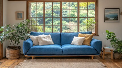 Cozy living room with blue sofa and lush greenery outside.