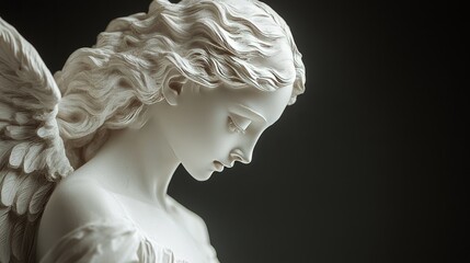 Elegant marble angel sculpture gazes serenely in soft light with intricate details highlighting artistry