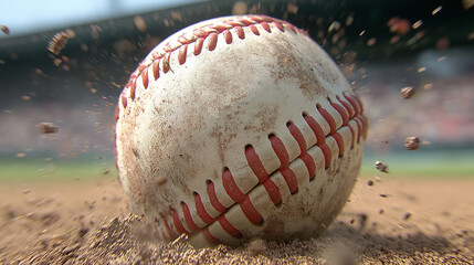 Baseball in Action - Speeding Baseball: Close-Up Action Shot of a Baseball Rolling Across Dirt with Motion and Texture at a Game