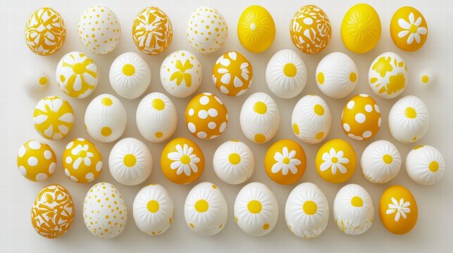 Artistic Easter Eggs: A vibrant array of Easter eggs, adorned with a delightful mix of yellow patterns and designs, presents a colorful display of festive cheer, ready for spring celebrations.