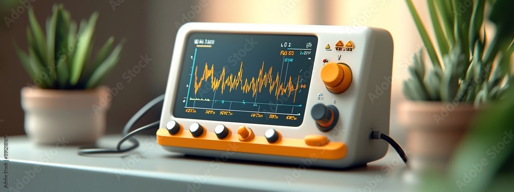 Poster a 3d rendered image of a modern clean and minimal spectrum analyzer device displaying the frequency 