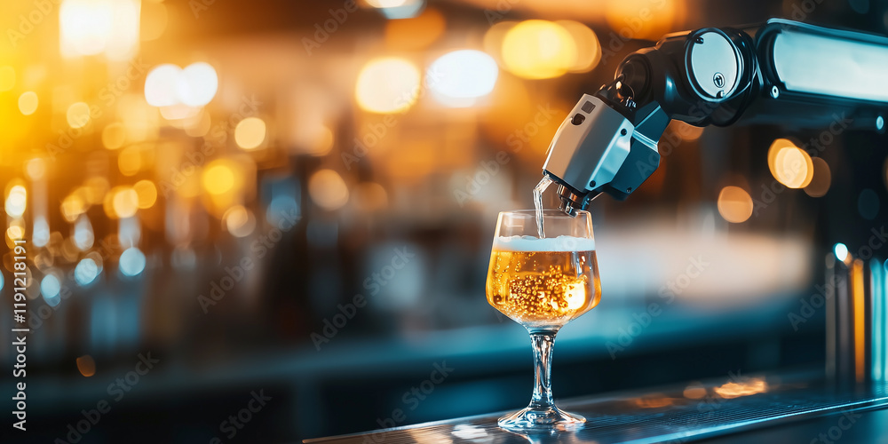 Poster robotic arm pours glass of beer in modern bar setting, illuminated by warm ambient lighting, showcas