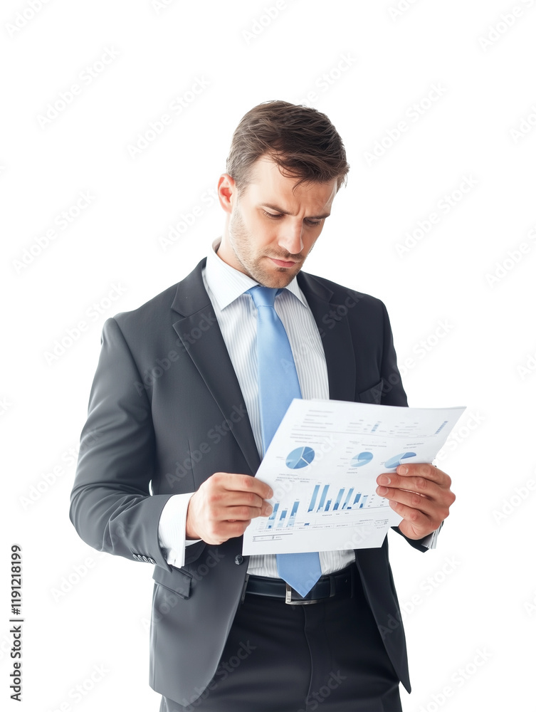 Poster man in formal suit analyzing risk assessment report with focus and determination, holding document with charts and graphs, representing business and financial analysis