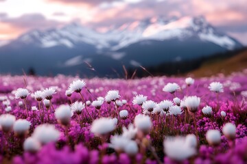 A vibrant field of wildflowers displays shades of pink and white, set against a majestic mountain backdrop during a beautiful sunset. Nature's beauty is in full bloom here