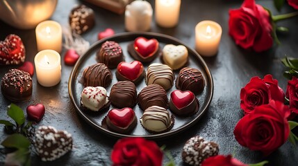 valentines chocolates romantic red roses and candles setup