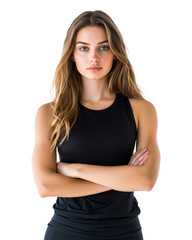 Fototapeta premium Confident female fitness trainer with arms crossed, wearing black athletic tank top, isolated on transparency background