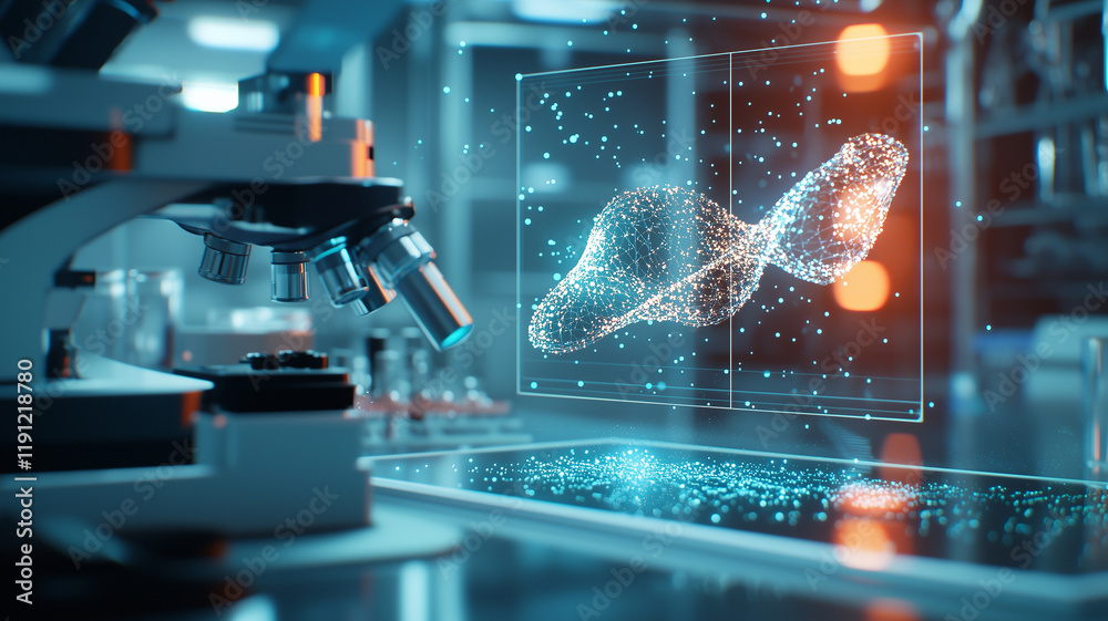 Poster microscopic view of glowing dna strands displayed as holograph in futuristic laboratory, showcasing 